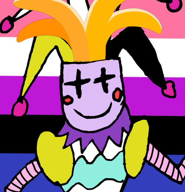 Dessin d'un arlequin avec un drapeau genderfluid en fond