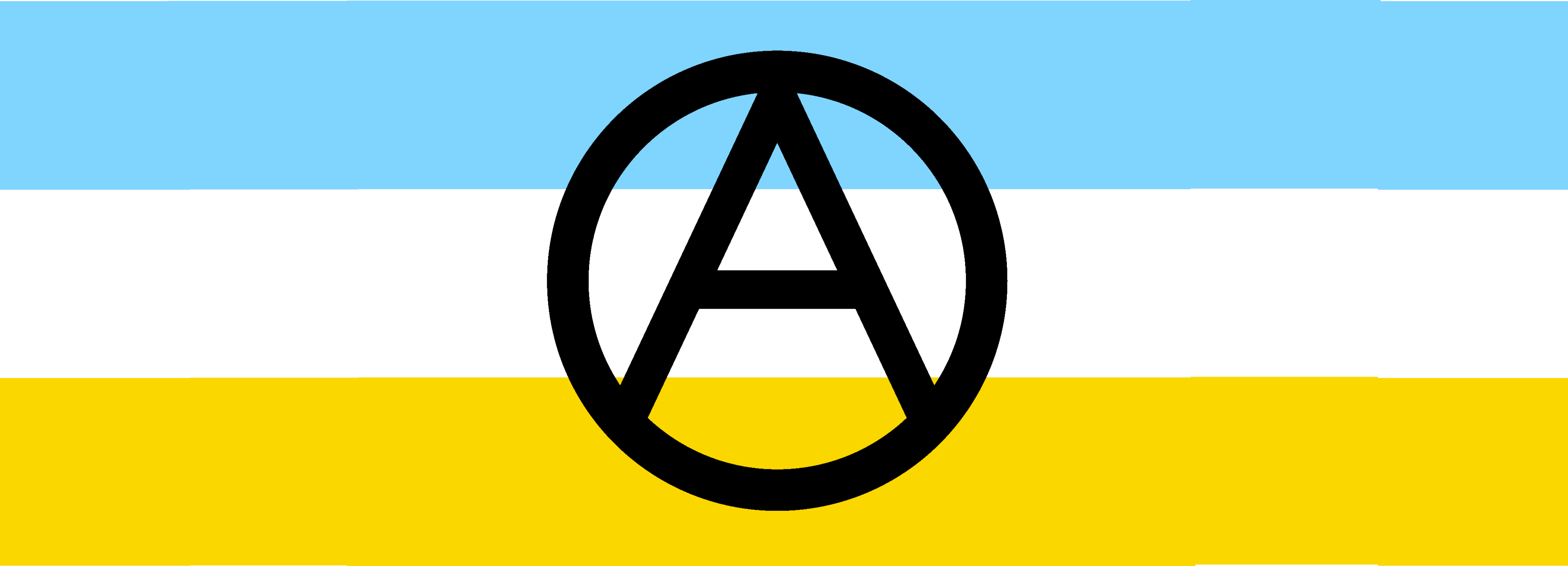 Drapeau du système ZFM. Il est cyan, blanc et jaune horizontalement avec un symbole anarchiste au centre